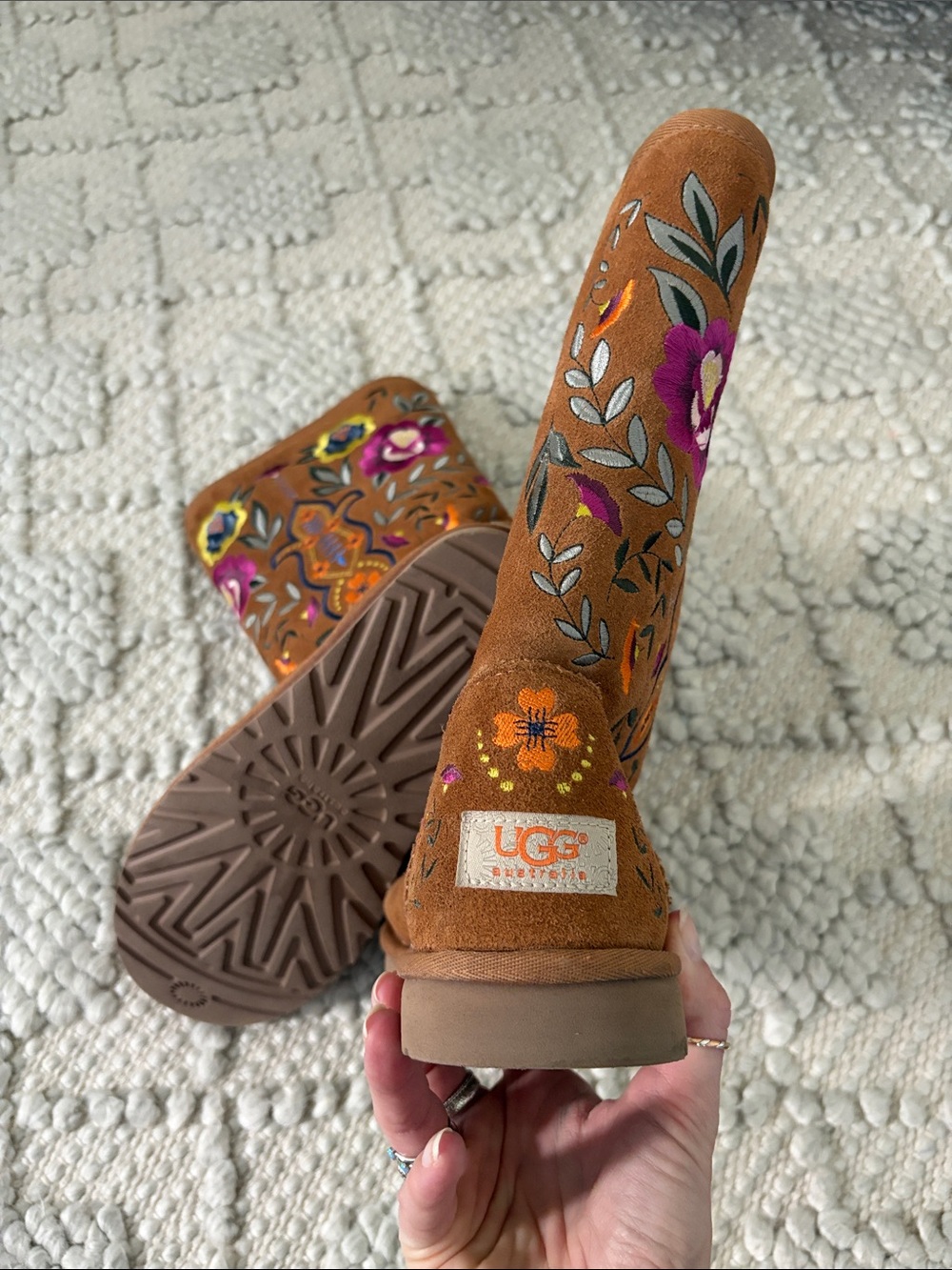 UGG Chestnut Suede Boots with Colorful Floral Embroidery